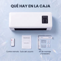 Contenido de la caja Frostly: unidad, control remoto, guía y kit de montaje con tendedero